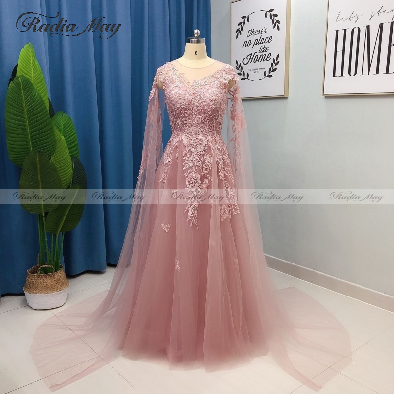 

Elegant Women Dubai Evening Dress with Cape Sleeves Dusty Pink Tulle Long Arabic Prom Dresses Plus Size Silver Formal Party Gown, Gray