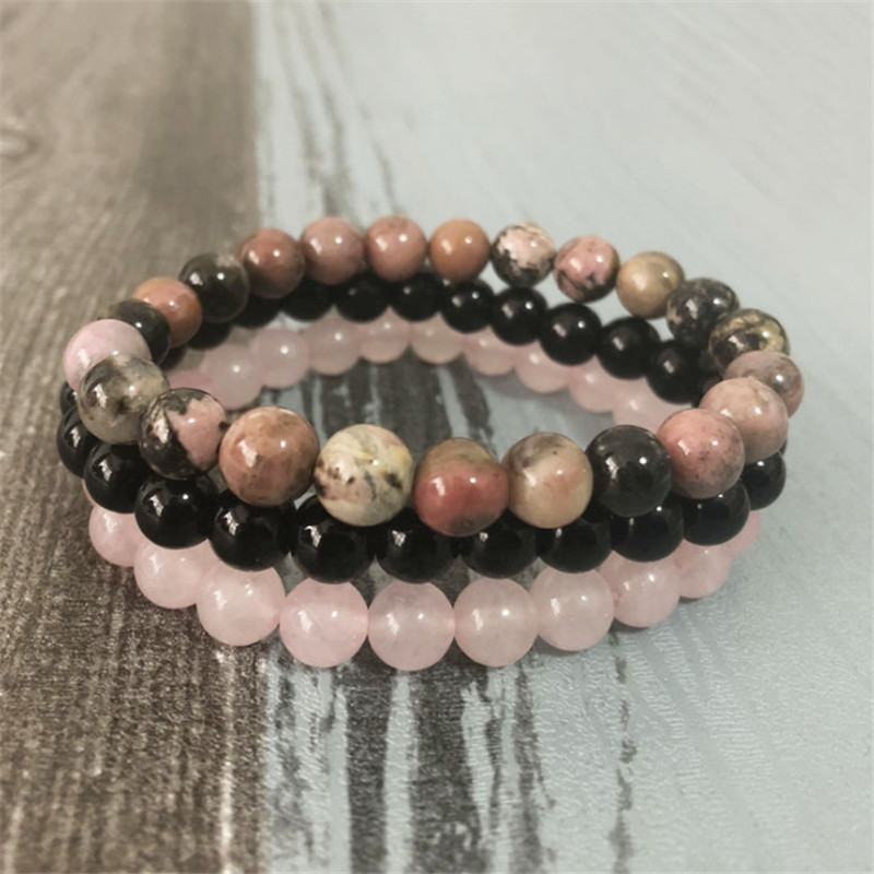

WWLB Dropshipping Bracelet Black Onyx Rhodonite Rose Quartzs Beaded Wrist Men Women Natural Stone Mala Bracelets Jewelry 3 Pcs