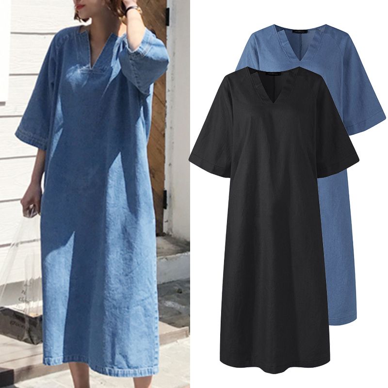 

ZANZEA Mid Calf Dress Summer Elegant Dress 2020 Women Sexy V Neck 3/4 Sleeve Loose Casual Solid Color Vestidos Robe Femme -5XL, Black
