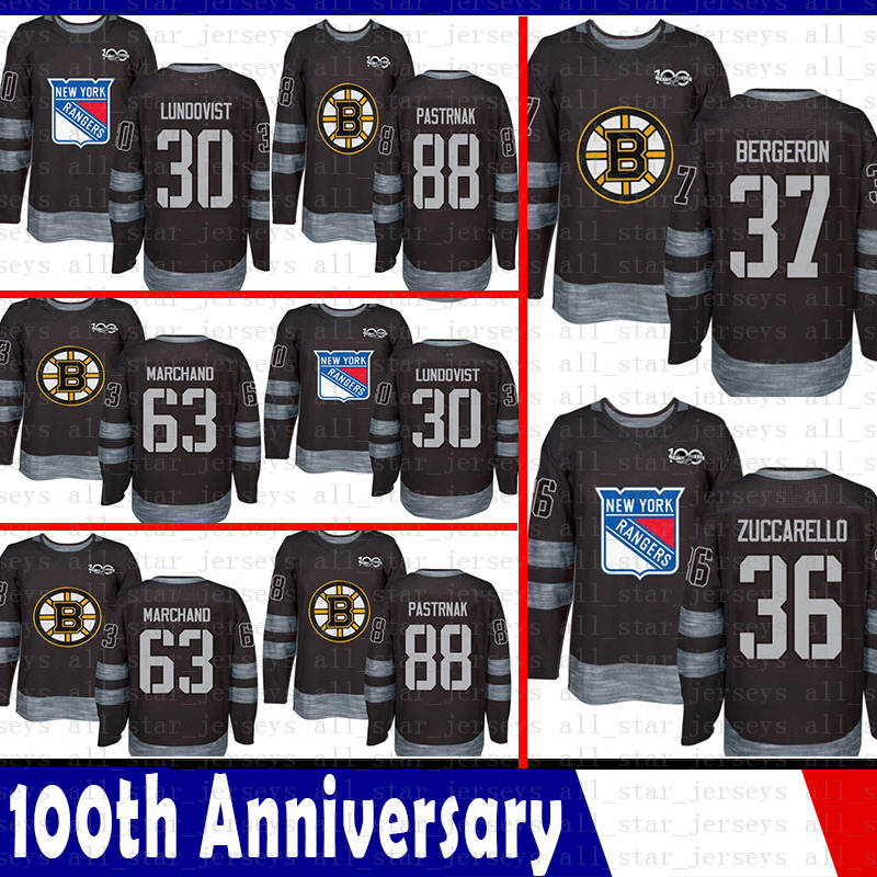 

100th New York Rangers 36 Mats Zuccarello 30 Lundqvist Hockey Jersey Boston Bruins 88 David Pastrnak 37 Patrice Bergeron 63 Brad Marchand, 100th jersey (zongxiong)