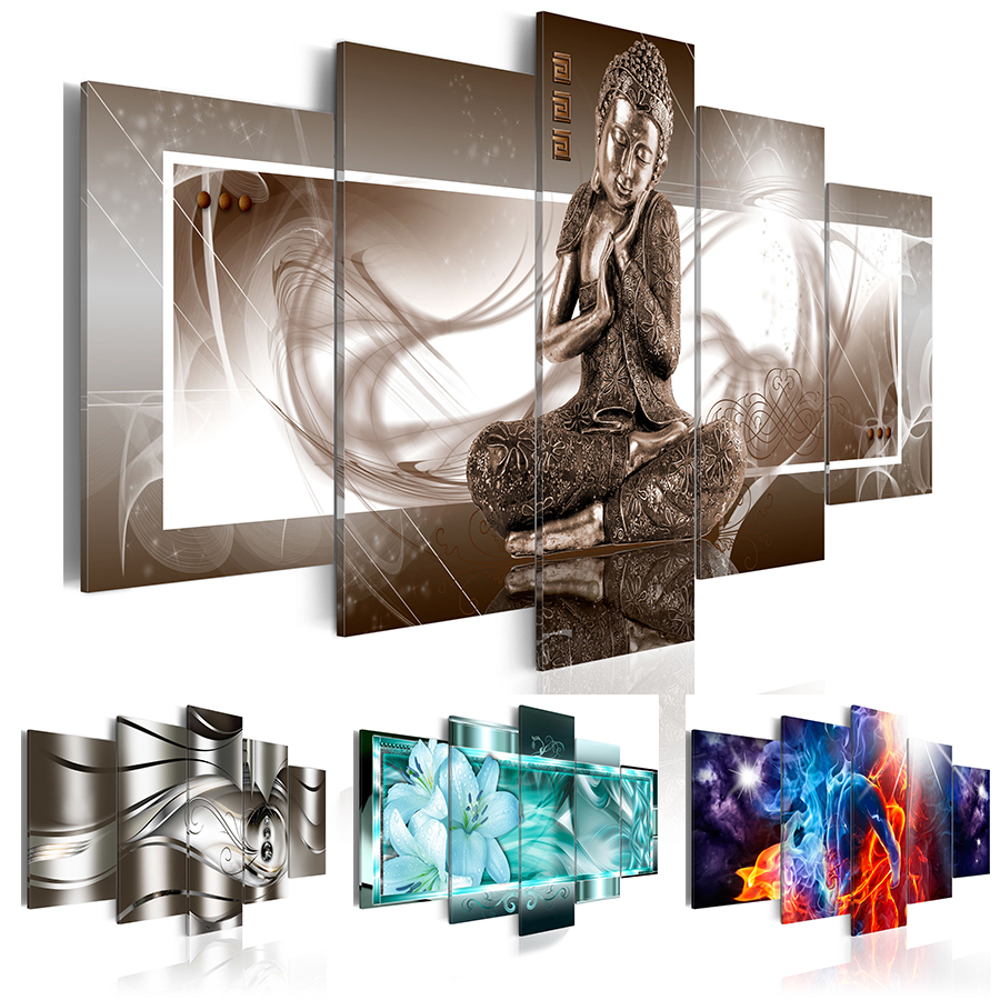 

5PCS/Set Fashion Wall Art Canvas Painting Buddha Metal Abstract Fiery Love Lily Flower Modern Home Decoration,Choose Color:4 And Size:2(No F