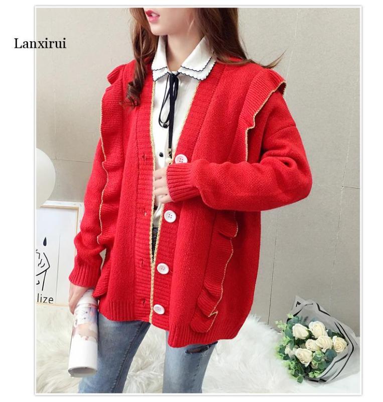 

Autumn Winter Korean Style Sweaters Loose Buttons Cardigans Knitted Women Sweater All-Match Ruffles Brand Outerwear, Beige