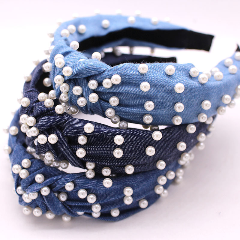 

Bohemian Vintage Denim Center Knot Wide Hairband with Pearl Knotted Hairband Hair Accessories