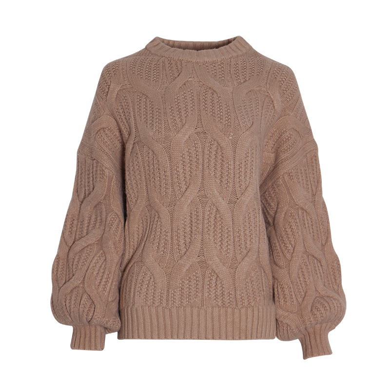 

2019 The New Autumn Winter Fashion Round Collar Sleeve Long Sleeves Show Thin Leisure 100 Knitted Sweaters Women, Brown