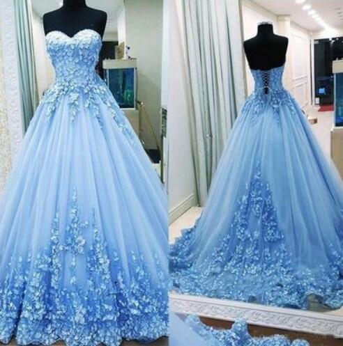 

Sky Blue Tulle Prom Dresses Birthday Dresses Pageant Gowns Quinceanera Dresses with 3d Flowers, Green