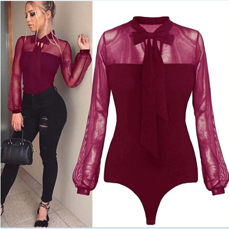 Februaryfrost 2020 Women Sexy Bow Black Mock Neck Patchwork Long Sleeve Back Ladies Lace Mesh Bodysuit Transparent Tops-image-534587444