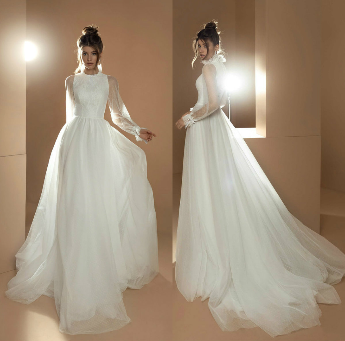 

2020 A-line Wedding Dresses High-neck Long Sleeves Lace Dot Illusion Wedding Gown Custom Made Sweep Train Tulle Ruched Robes De Mariée, Hunter green