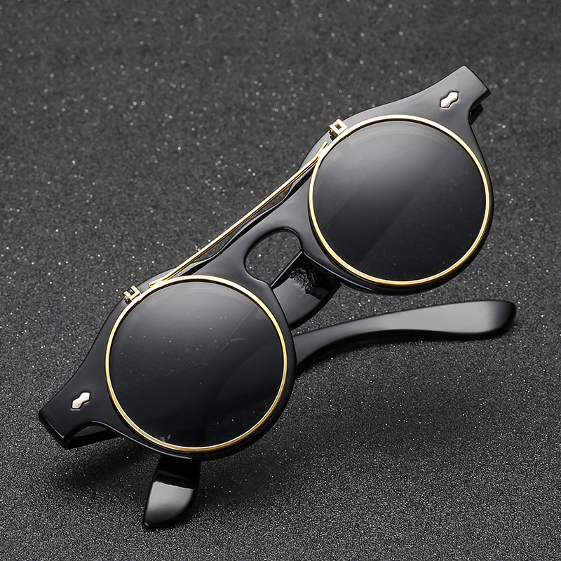 

Retro Steampunk Sunglasses Men Women Classic Double flip Round Sun Glasses Female Steam Punk Eyeglasses Circular Eyewear