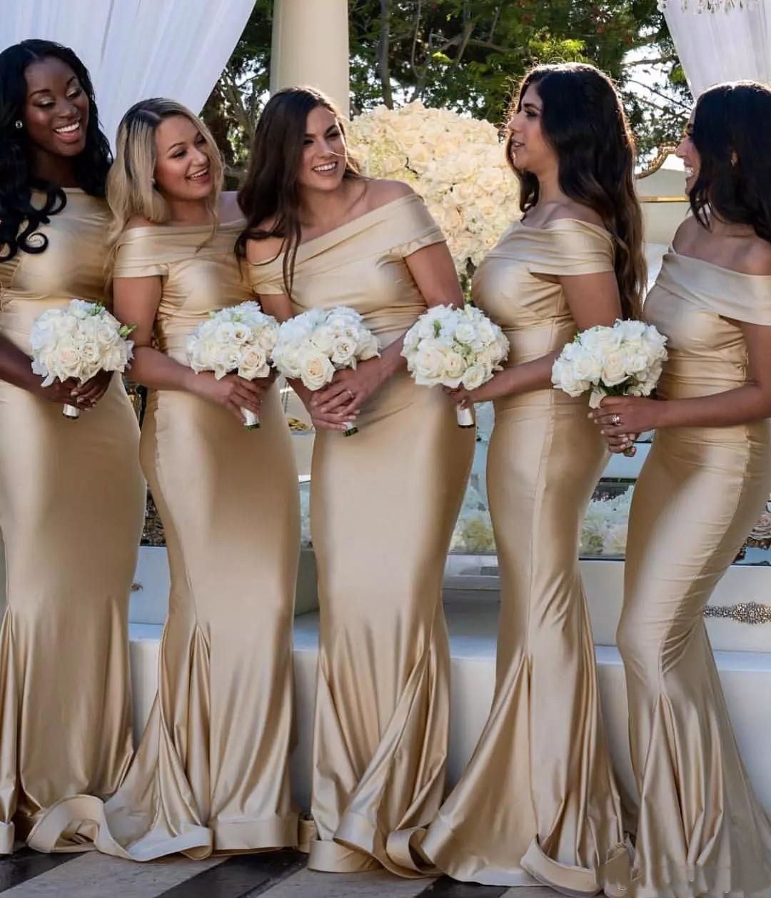 

Sexy Gold Champagne Mermaid Bridesmaid Dresses Elastic Satin Off Shoulder Ruffle African Sweep Train Maid Of Honor Wedding Guest Gowns