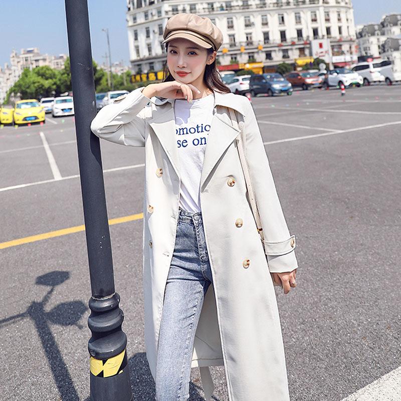 

2020 Autumn New Casual Women' Cotton Long Double-breasted long Trench Coat with belt Loose Clothing high Quality spring FY116, White