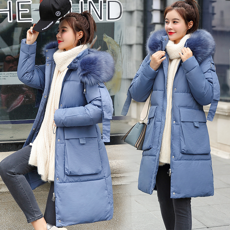 

Fur Collar Coat Women Winter Jackets Down Cotton Hooded Coat Plus Size Parkas Slim Lace-UP Coats Long Fashion Female, Blue