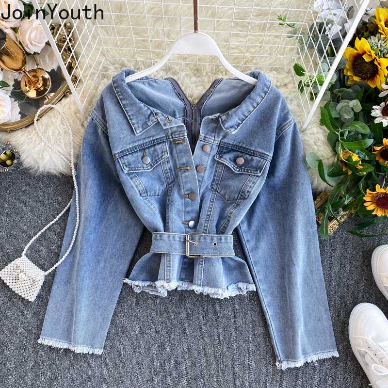 

Joinyouth Womens Clothing Korean Solid Regular Tops Full Sashes Button Jean Jacket 2020 New Spring Fashion Turn Down Collar 533, Light blue