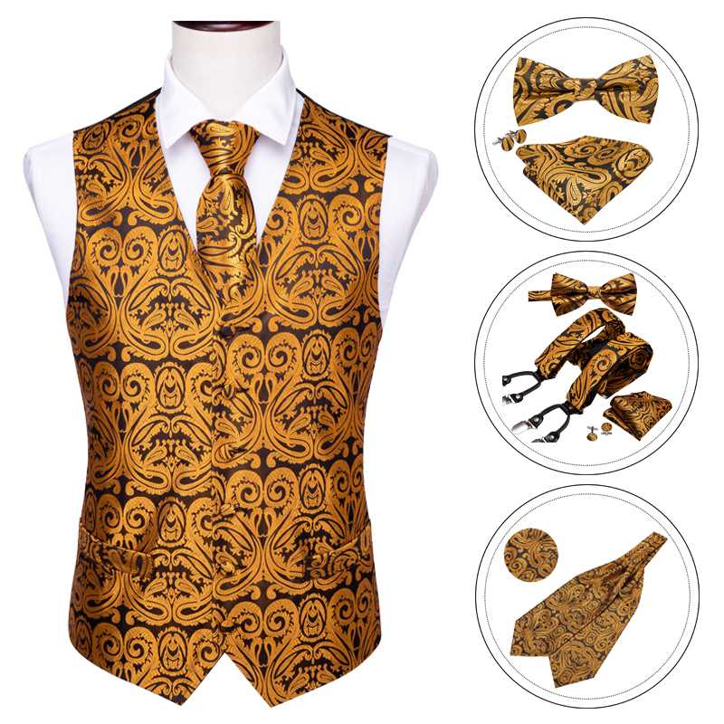 

Barry.Wang Mens Waistcoat Necktie Pocket Square Vest Suit Set Gold Bowtie Silk Ascot Tie Cravat Suspenders for Wedding Party, Mj-2012