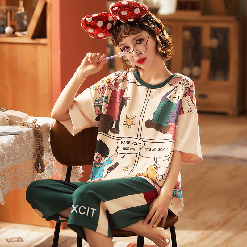 

2020 New Summer Sleepwear 2 Piece Sets For Women's Cotton Pajamas O-neck short sleeved Homewear Large Size Pijama Pyjama 4XXL, Big flower