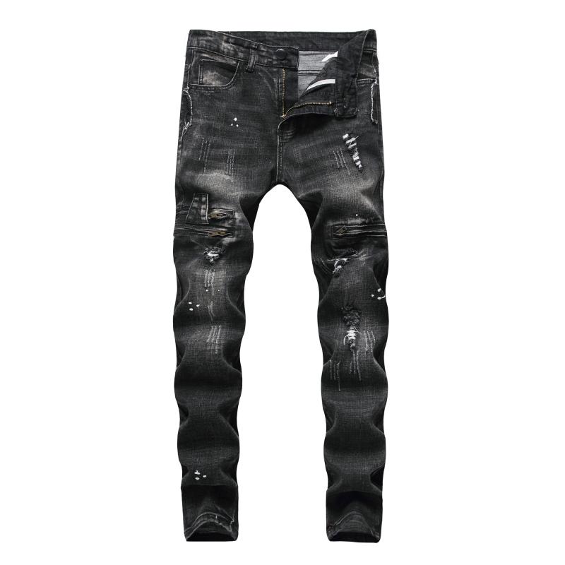 

Grey Color Mens Pencil Jeans Distressed Slim Jeans with Hole Splash Street Slim Fit Design Stretch Denim Washing Clothes, 1905