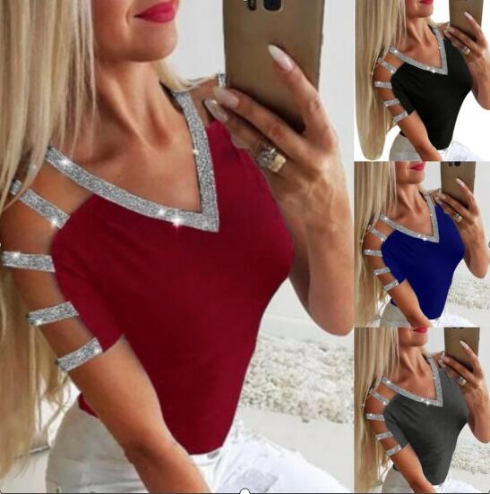 

Women's T-Shirt Summer Women Elegant Short Sleeve Leisure Top Female Basic Shirt Glitter Ladder Cutout Casual Blouse, Black