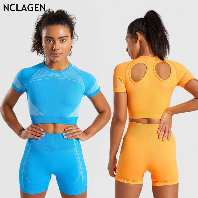 

Gym Yoga Set Seamless Women' Tracksuit Fitness Suit Sportswear Open Back Top Short Sleeve Shorts Workout Clothes NCLAGEN, Black