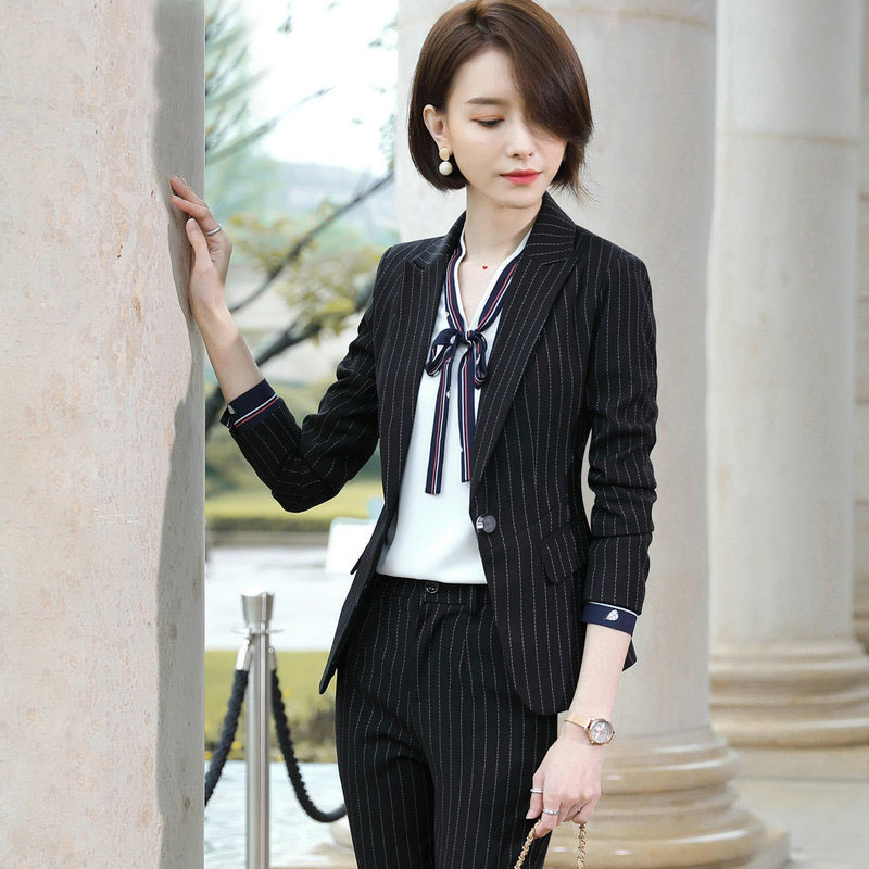 

Ladies Blazer And Skirt Set Women' Suit 2 Piece Set stripe business Blazers slim long sleeve office uniform designs women, B118 white shirt