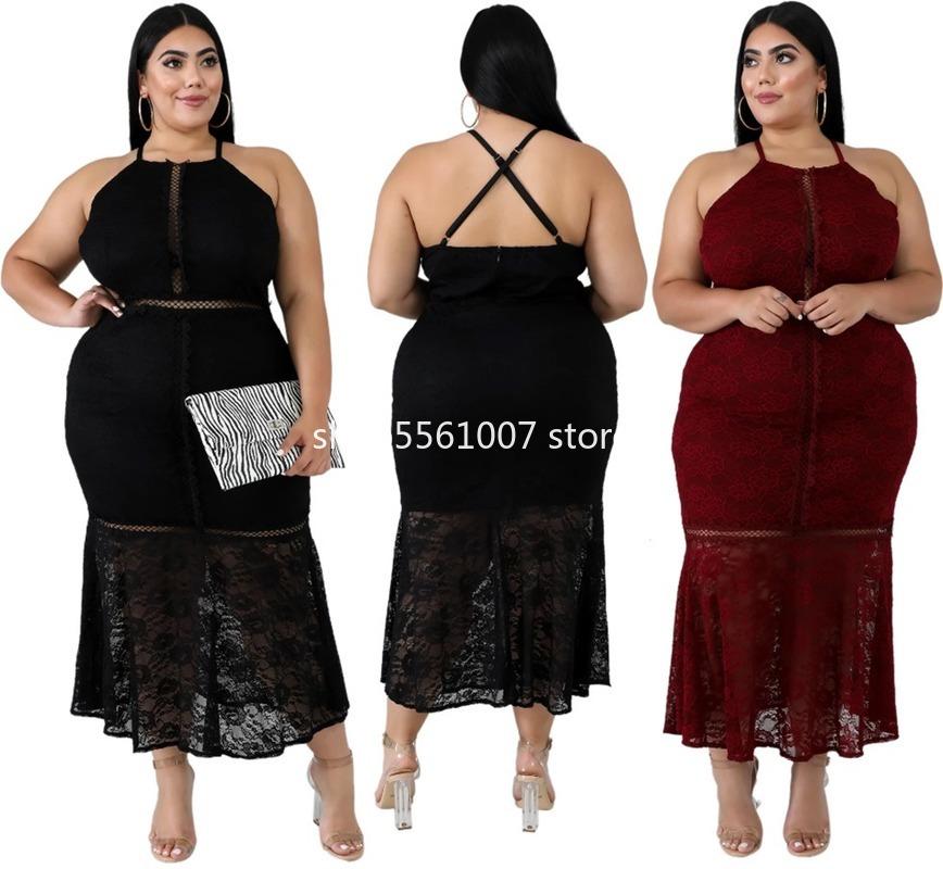 

Sexy Black Plus Size Lace Fishtail Long Dress Night Party Backless Bandage Maxi Dresses Women African Clothes Vestidos Mujer
