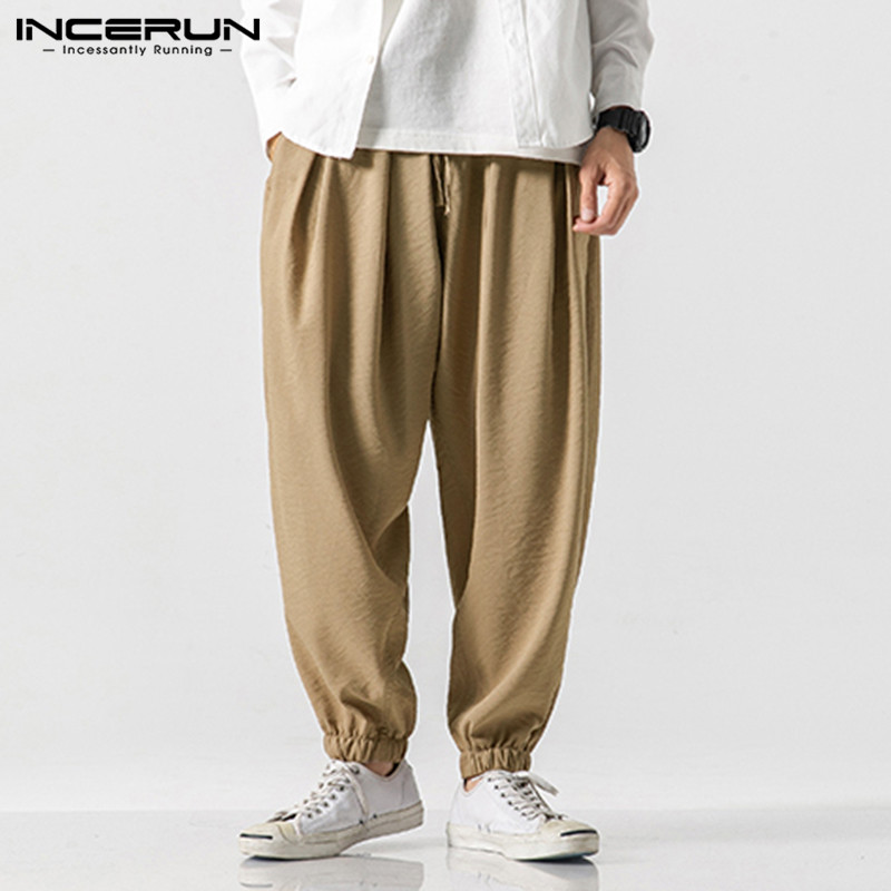 

Men Casual Pants Joggers Solid Color Vintage Streetwear 2020 Drawstring Men Harem Pants Loose Chinese Style Pantalon 5XL INCERUN, Black