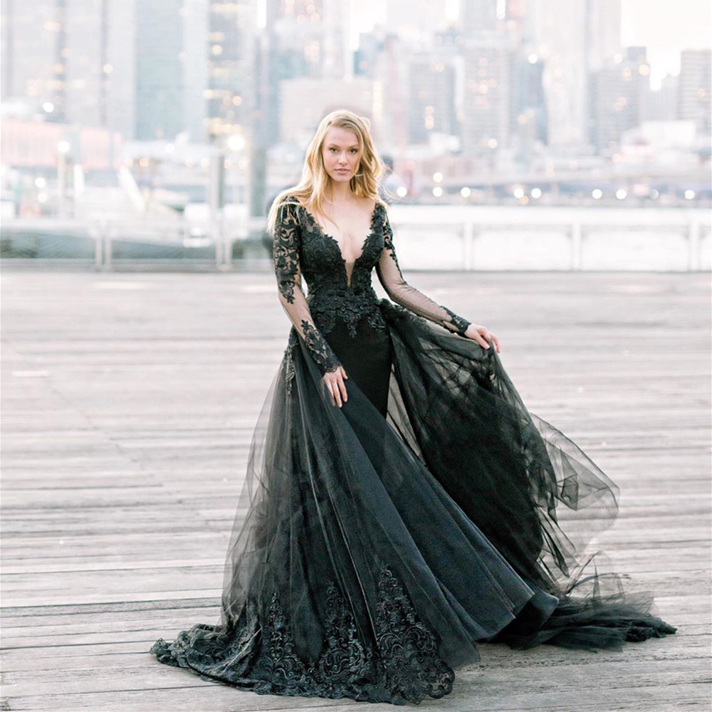 

Gothic Design Black Wedding Dresses Long Sleeve Deep V Neck Appliqued Lace Tulle A Line Vintage Bridal Gowns Vestidos De Noiva
