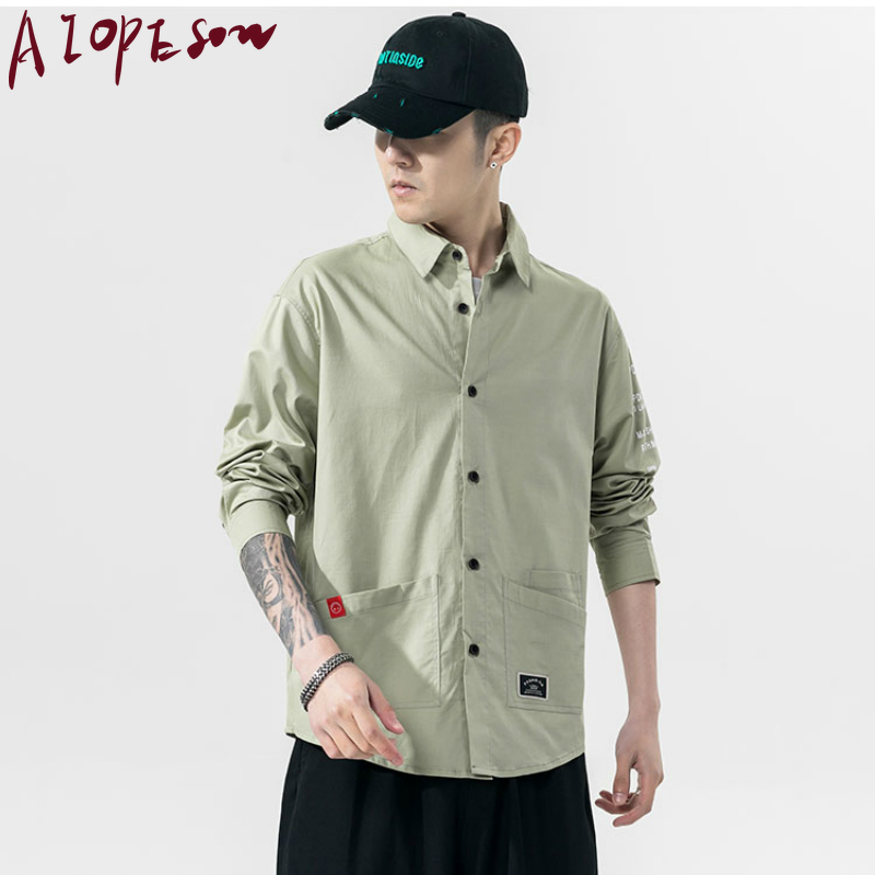 

AIOPESON New Mens Shirt Retro Function Tooling Shirt Mens Clothing Jacket Fashion Casual Long Sleeved Street Trend, Black