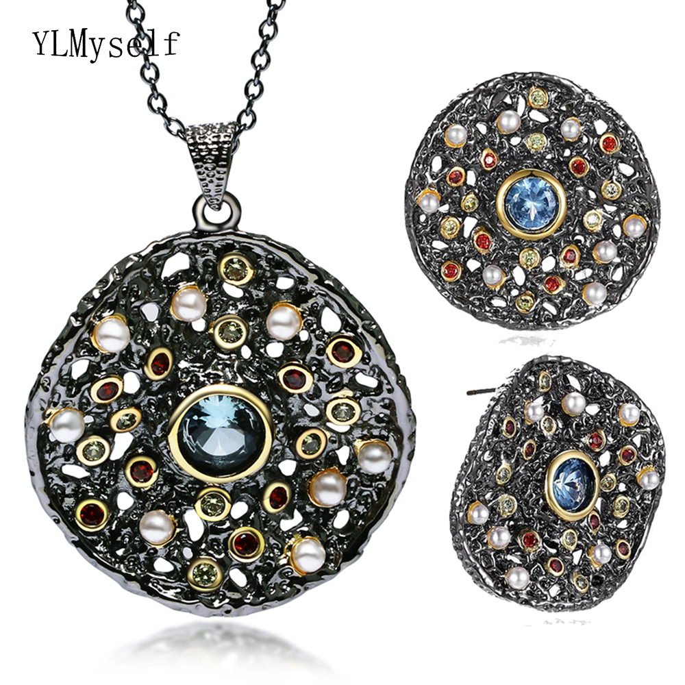 

New look Necklace Stud Earring Jewelry Sets Black gold 2 tone plate Crystal Pearl stones Fashion Vintage Charming 2pcs Sets