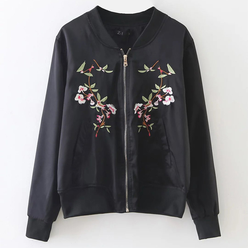 

Women Floral Embroidery Bomber Jacket Slim Flight Baseball Uniform Standing Collar Jackets VogueCoats Punk Outwear Pop, Black
