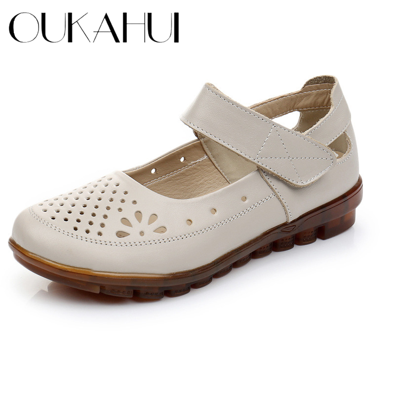 

OUKAHUI Summer Genuine Leather Low Heel Flat Sandals For Women 2020 Hook Loop Hollow Out Round Toe Ladies Breathable Sandals, Beige
