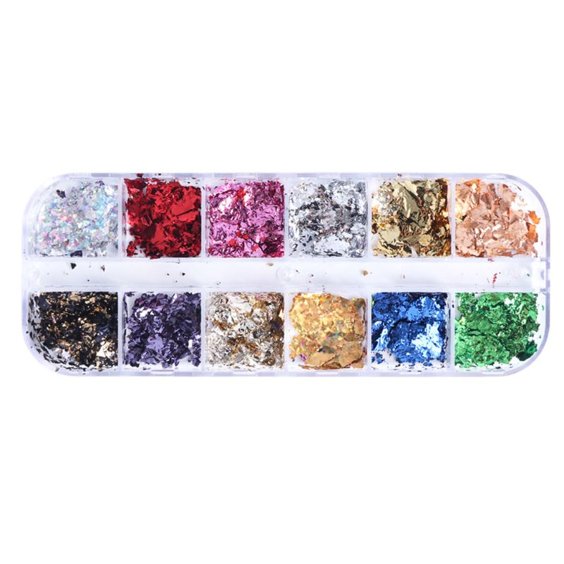 

12 Girds/Set Nail Art Color Glitter Paper Sheet Flake Irregular Rainbow Foil Paillette Chip DIY Decoration Sticker Manicure Tool