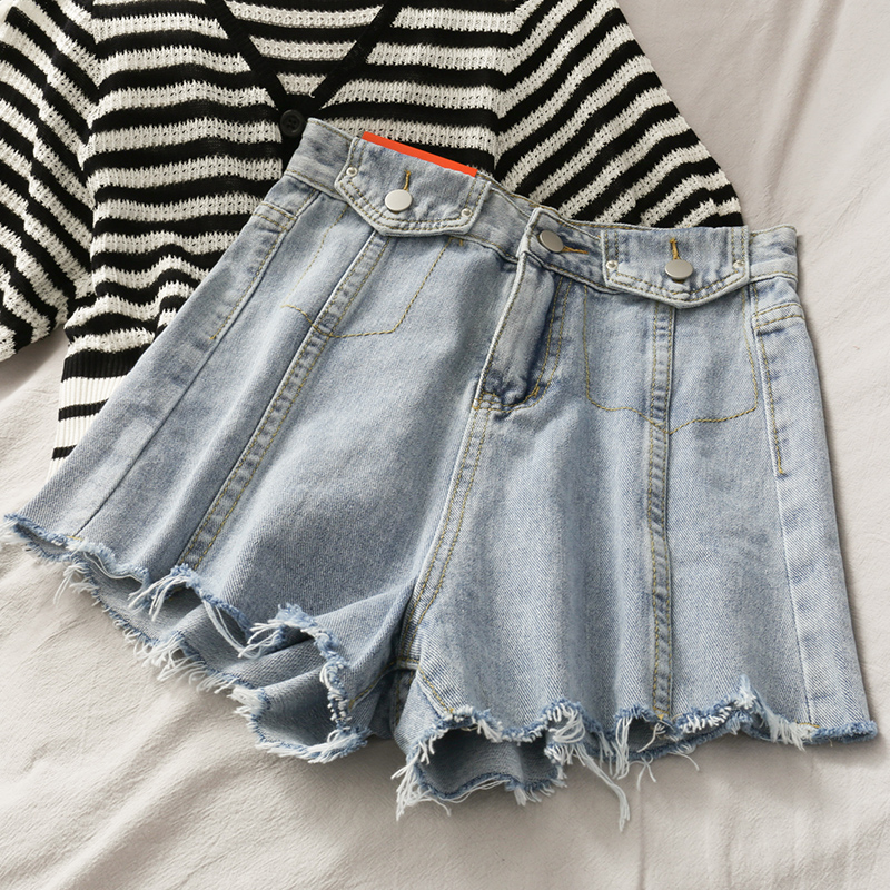 

Korean Version of Denim Shorts Female 2020 Summer New High Waist Fake Pocket Edge Wide Leg Street Style Shorts Short Woman, Light blue