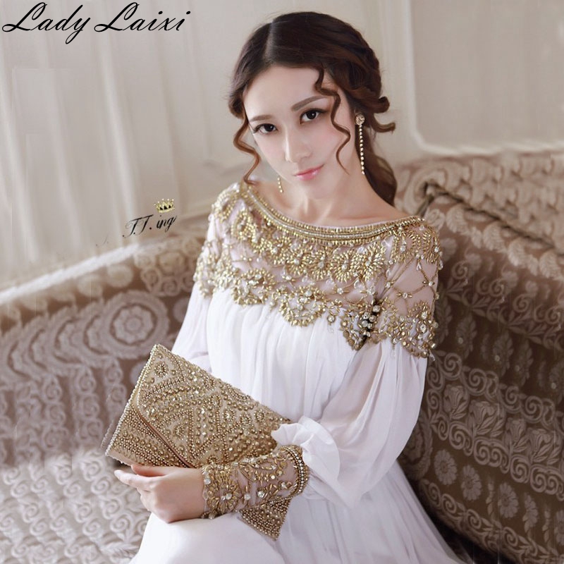 

2020 Autumn Runway Desigher Dress Women' Long Sleeve Metal Beaded Rivet Pleated Dress elastic waist maxi Long, White
