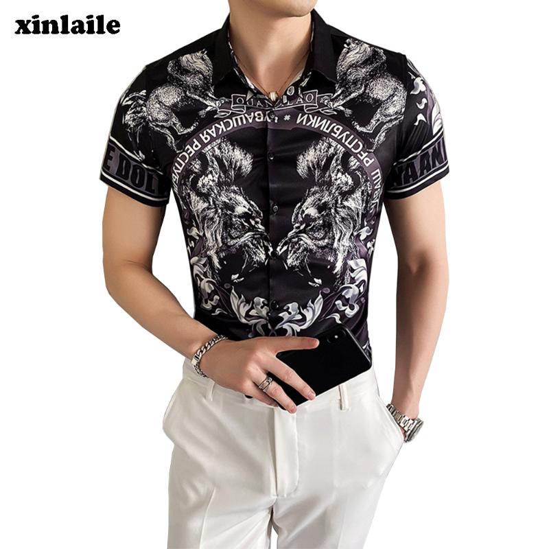 

New style shirt men's flower shirt Korean style slim banquet dress fashion summer short sleeve digital printing men's 4xl, Black