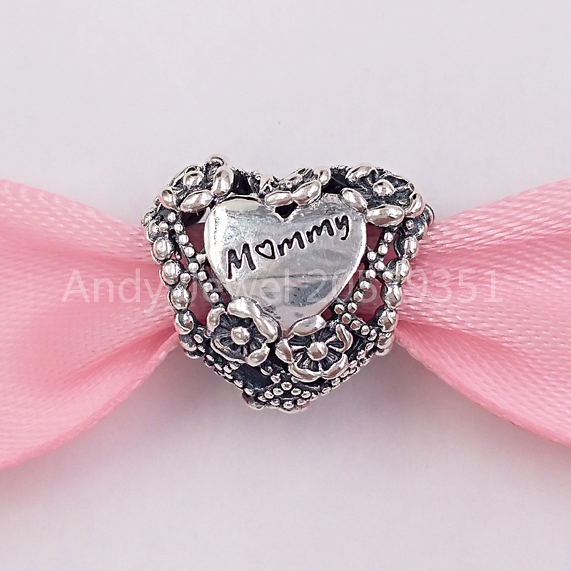 Pink Solid 925 Sterling Silver Mom Heart with Crystals Charm Bead