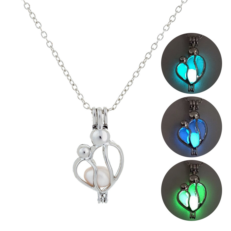 

New Luminous Mother and child Pendant necklace Glow in the dark Open cage Locket charm chains For women Fashion Mother's Day Jewelry