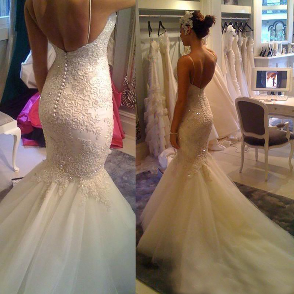 Free Shipping New Spaghetti Straps Lace Mermaid Wedding Dresses Applique Sequins Open Back Court Train Wed Gowns Bridal Gowns Custom Made