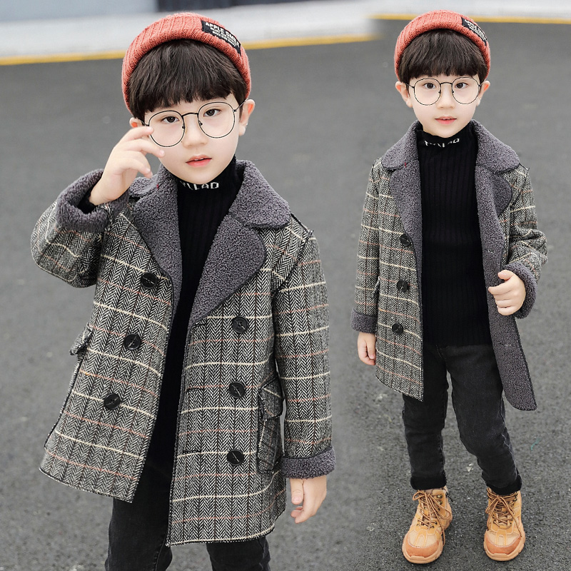 Boys autumn and winter coat Korean version new children's foreign gas plus velvet thick lattice outerwear-image-491041027