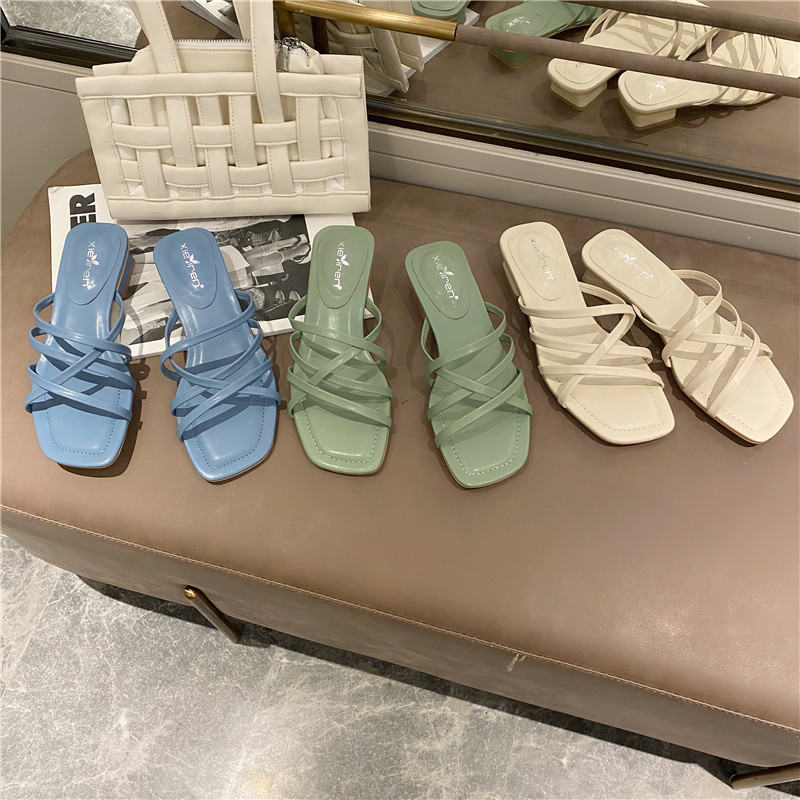 

Women Slippers Summer Slides Open Toe Low Heel Casual Shoes Female Beach Flip Flops thin strap women's sandalias mujer, Green