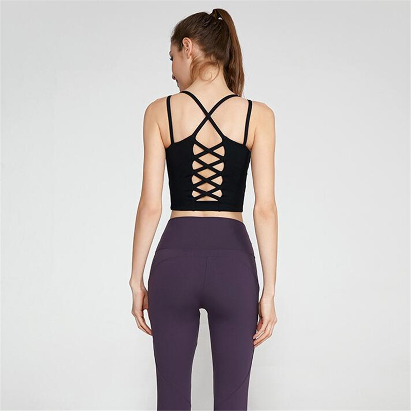 

Sports Bra Women Solid Spaghetti Straps Yoga Gym Crop Tops Women Quick Dry Running Sport Bras Wireless Fitness Jogger Vest Tank, Black