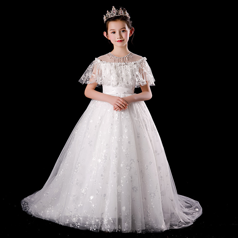 

2020 Children Girls Elegant Solid White Color Sequined Wedding Birthday Party Princess Long Tail Dress Kids Host Piano Dress, Whitelong tail dress