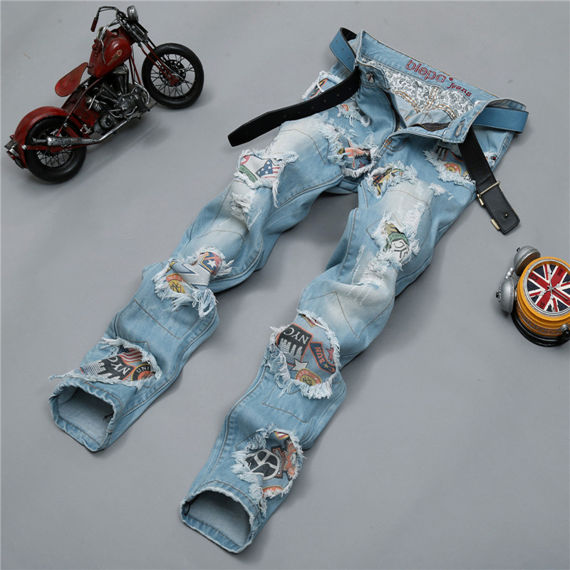 

Men Jeans Ripped Biker Hole Denim robin patch Harem Straight punk rock embroidery jeans for men Pants, Blue