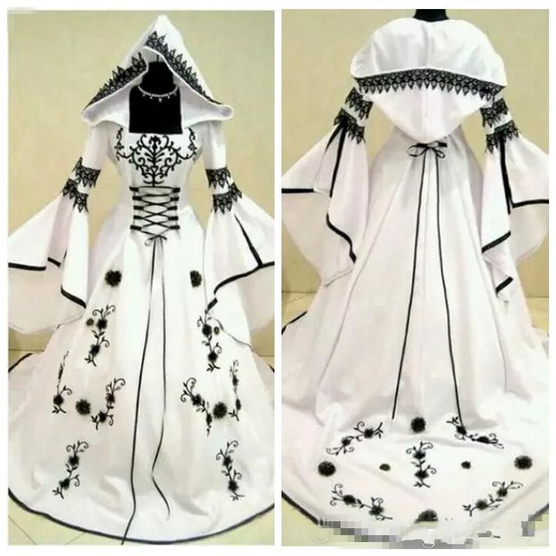 

2020 Custom A-Line Black Lace Embroidery White Satin Gothic Wedding Dresses With Hat Bridal Gowns Flowers Adorned Vestidos De Mariee, Same as image