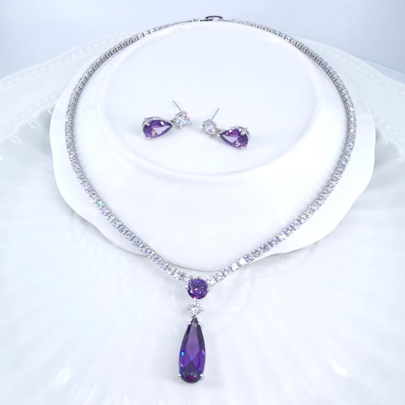 

Earrings & Necklace 2021 Fashion Retro Purple Water Drop CZ Zircon Earring Set Wedding Bride Banquet Dressing Jewelry, As pic