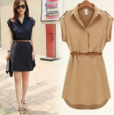 Femmes robe été 2020 court a-ligne solide grande taille en mousseline de soie robes décontractées avec ceinture pour fête plage bureau été style1