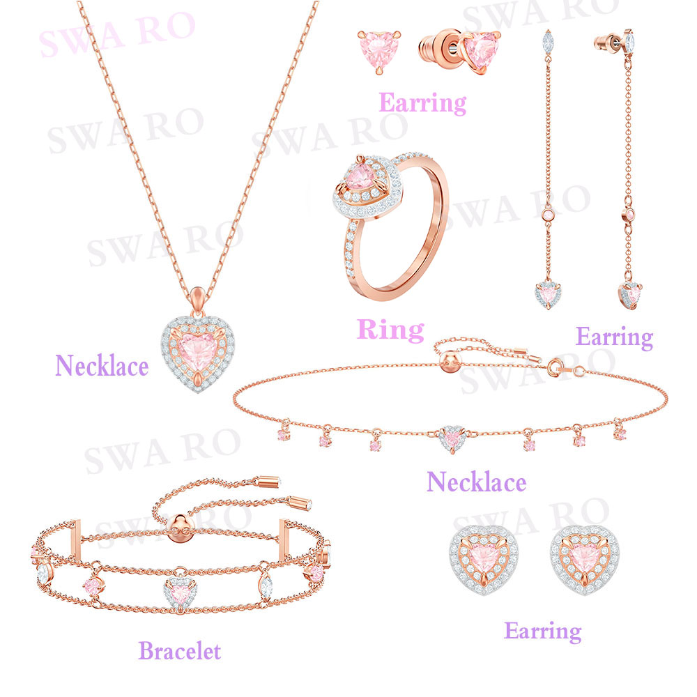 

2019 Fashion Original New ONE Heart Set Shiny Glamorous Pink Pink Heart Crystal Female Engagement Anniversary Jewelry Gift, As pic