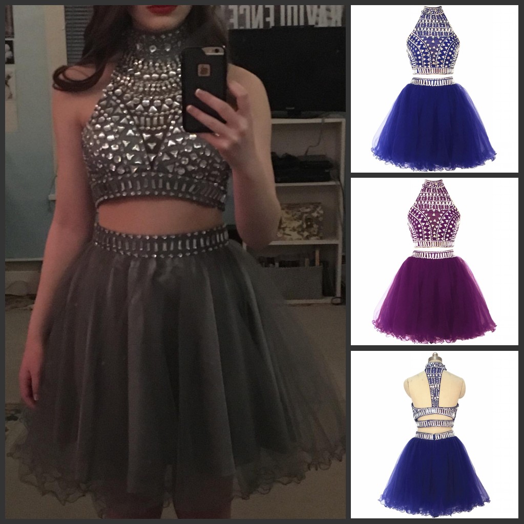 

Short Two Piece Prom Dresses 2021 Rhinestone Crystal Beaded Sweet 16 Dresses Halter Junior Puffy Tulle Homecoming Graduation Gowns, Burgundy