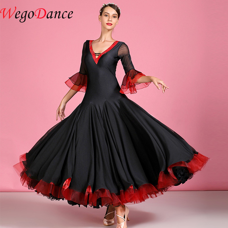 

Stage Wear Ballroom Dance Dress Women V-Neck Shiny Rhinestones Performance Clothing Adults Spanish Flamenco Rave Outfit, Black