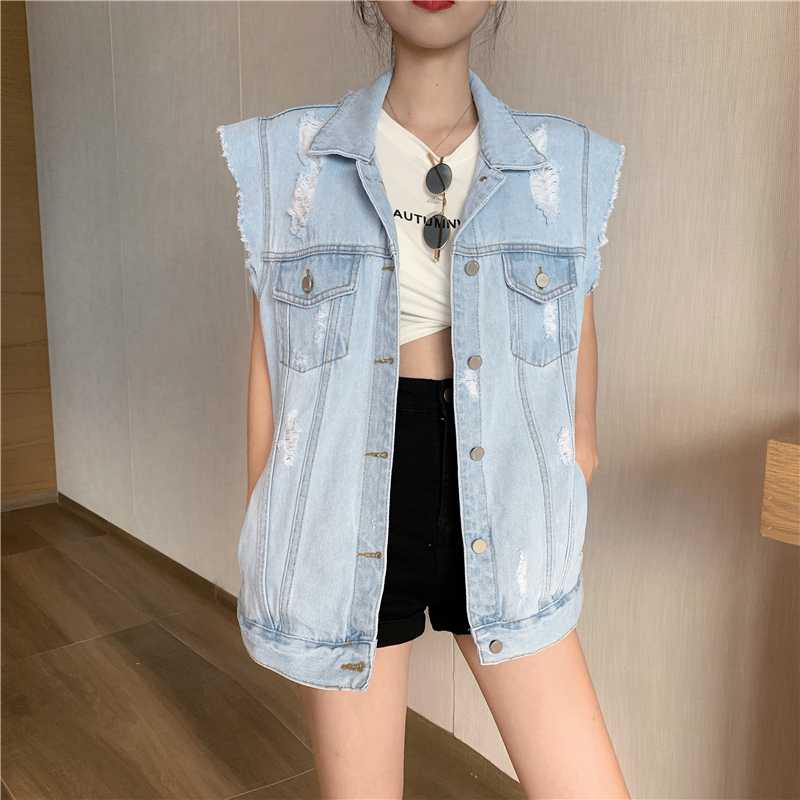 

women denim vest oversize pocket blue turn down collar, Camel