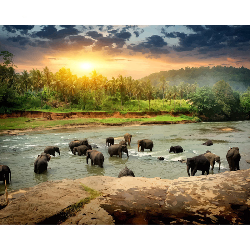 

Painting By Numbers DIY Dropshipping 40x50 50x65cm Small river elephant herd Animal Canvas Wedding Decoration Art picture Gift