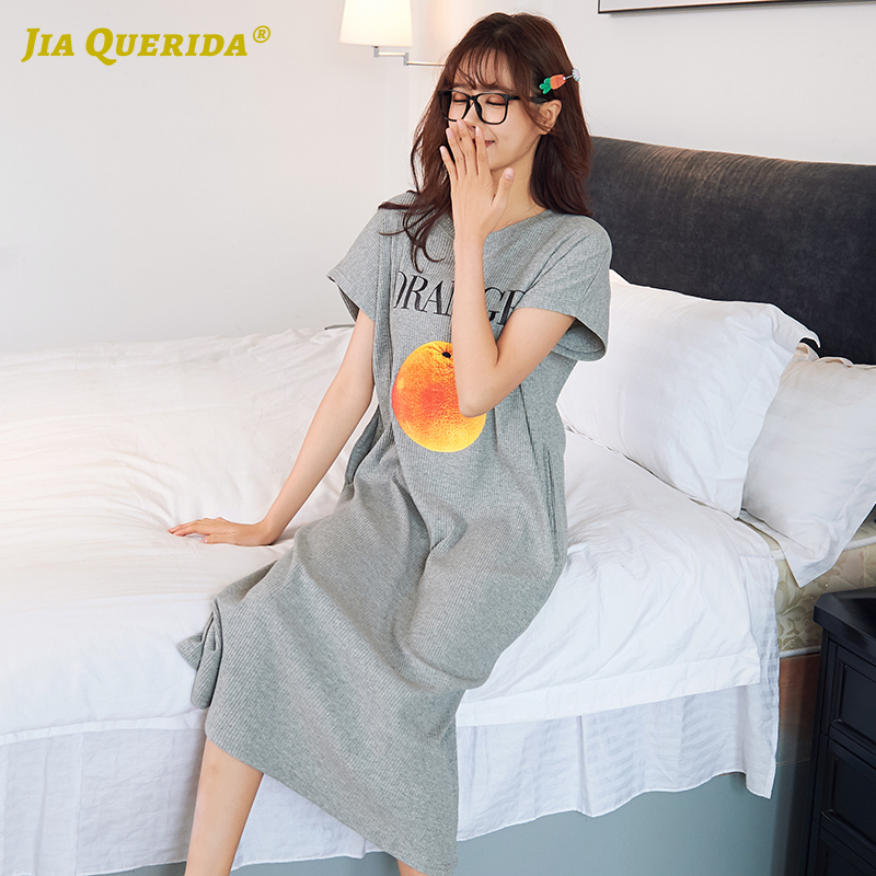 

Sleep Dress Loose Size Korean Style Casual Home Nightwear Short Sleeved Modal Lingerie Dressing Gown Cute Orange Printing Shirts, 3349